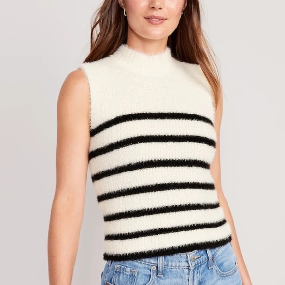 Old Navy Tops - Old Navy Mock Neck Eyelash Sweater - Cream and Black Striped​​​​